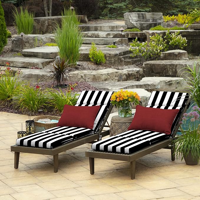 Arden Outdoor Chaise Cushion, 21 in x 72 in, Weather-Proof, Rain-Proof, Fade Resistant Patio Cushion for Chaise Lounger Black Cabana Stripe | Lounge Cushion, Weather-Proof, Rain-Proof, Fade Resistant for Chaise Lounger, Mold and Mildew Resistant