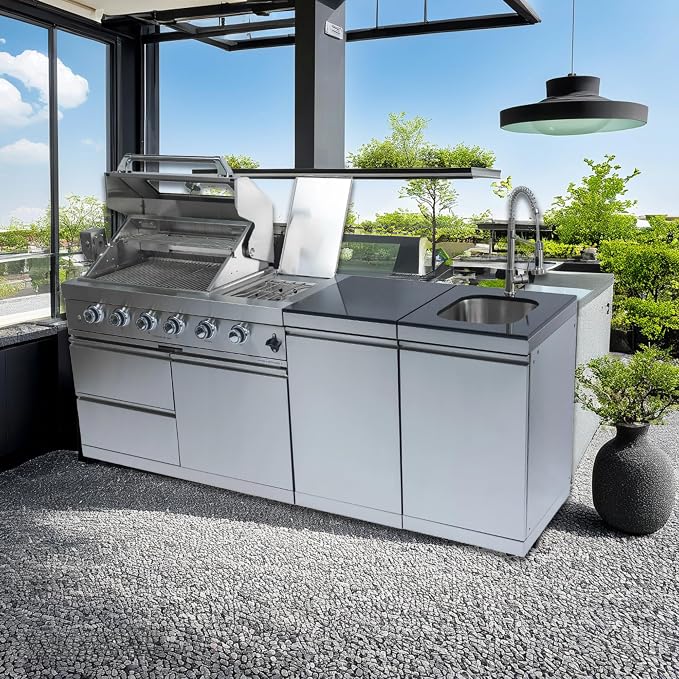 85-Inch Gas Outdoor Kitchen Island with 4-Burner, 72000 BTU Outdoor Kitchen Bar Island BBQ Grill, Sink, Rotisserie, Granite Countertops, Storage Cabinets & Drawers, Silver