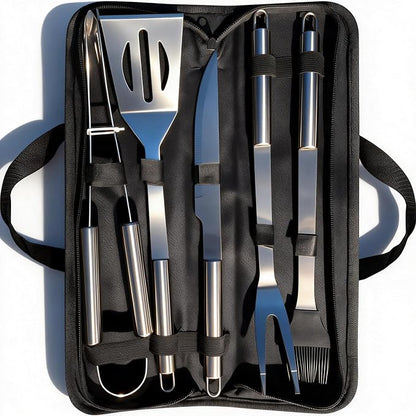 Small Travel 5-Piece 304 Stainless Steel Grill Tool Set with Storage Case – BBQ Grilling Accessories, Ideal Gift for Men & Cooking Lovers
