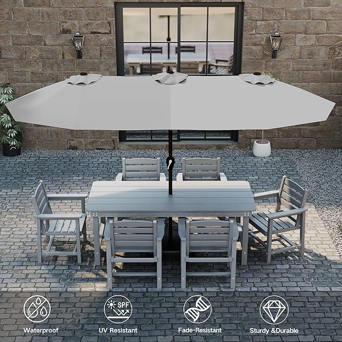 Kingdura 13ft Large Patio Umbrella with Solar Lights, Double-Sided Rectangle Outdoor Table Umbrella with Base Included, 12 Reinforced Ribs, 48 Led Lights, Crank Lift for Market Pool Deck, Light grey