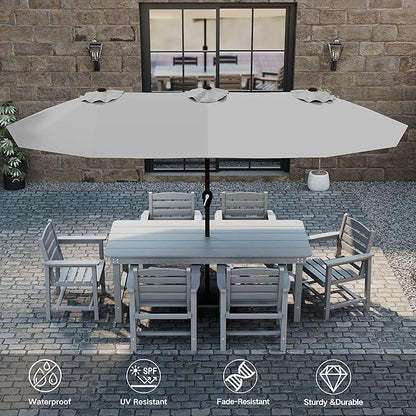 Kingdura 13ft Large Patio Umbrella with Solar Lights, Double-Sided Rectangle Outdoor Table Umbrella with Base Included, 12 Reinforced Ribs, 48 Led Lights, Crank Lift for Market Pool Deck, Light grey