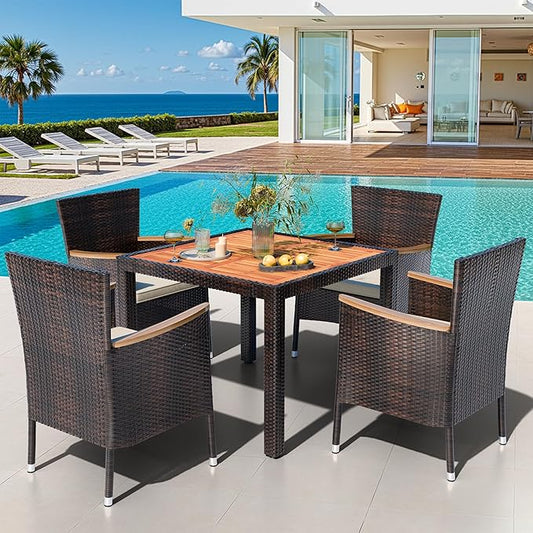 Shintenchi 5 PCS Patio Dining Set, Wicker Outdoor Table and Chairs with Soft Cushions, Patio Furniture Set with Wood Table Top for Backyard, Deck and Garden, Brown Wicker