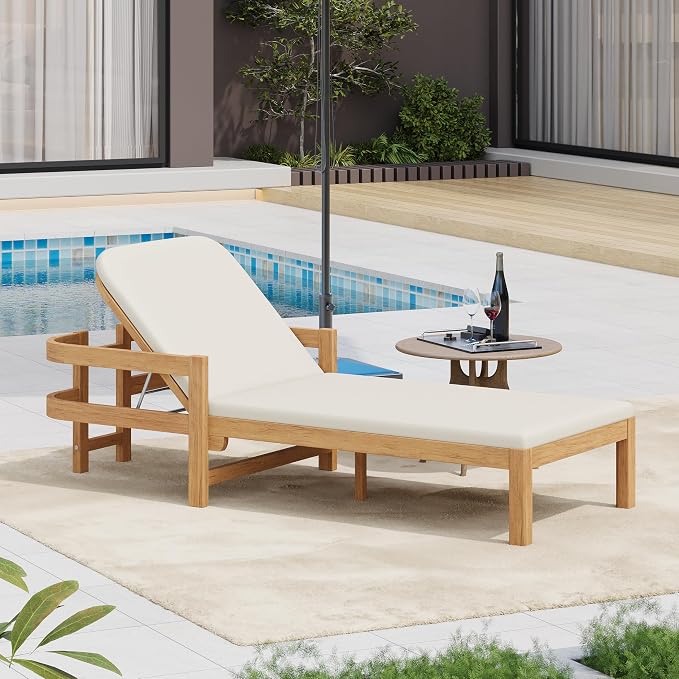 Christopher Knight Home Kayas Acacia Wood Chaise Lounge with Adjustable Backrest, 77.5" Outdoor Sun Lounger with Cushion, Modern Patio Lounger Recliner Chair for Poolside Lawn, Light Teak+Cream,1PCS
