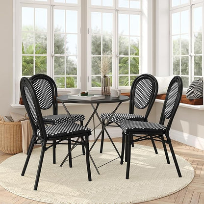 Flash Furniture Lourdes Indoor/Outdoor Commercial Thonet Bistro Stack Chair - Black/White PE Rattan Back and Seat - Black Metal Frame - Set of 4