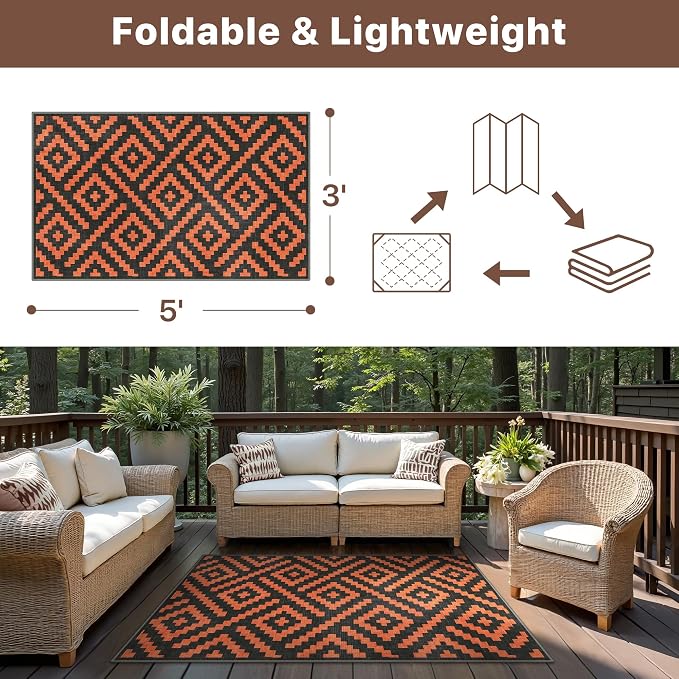 GENIMO Outdoor Rug 3'x5' Waterproof for Porch, Plastic Door Mat Orange Noir | Outside Modern Carpet for Patio Decor, Balcony, Deck, Backyard, Picnic, Camping, RV, Reversible, Foldable, Lightweight