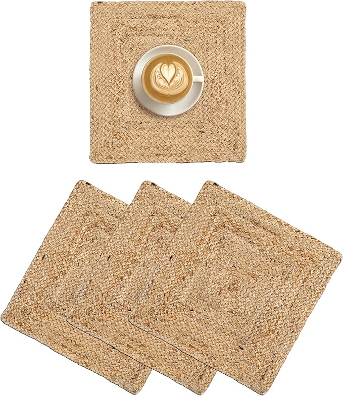 Hausattire Jute Braided Placemats 14x14 Inches Set of 4 Reversible Handwoven Boho Vintage Easter Placemats for Kitchen Dining Tables|BBQ's Farmhouse Decor Indoor & Outdoor Parties|Natural