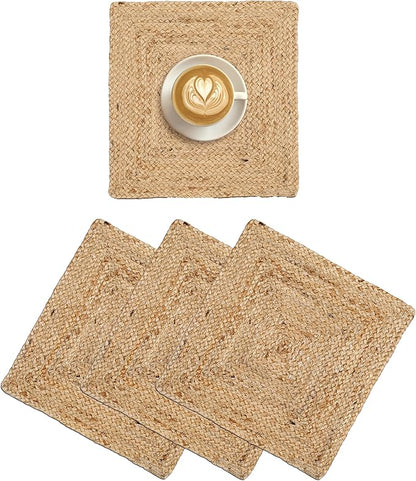 Hausattire Jute Braided Placemats 14x14 Inches Set of 4 Reversible Handwoven Boho Vintage Easter Placemats for Kitchen Dining Tables|BBQ's Farmhouse Decor Indoor & Outdoor Parties|Natural
