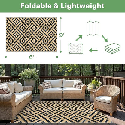GENIMO Outdoor Rug, Waterproof Plastic Rugs for Patio, 6'x9' Black Sand | Outside Larger Modern Carpet Mat for Porch Decor, Deck, Balcony, Camping, RV, Backyard, Picnic, Beach, Reversible, Foldable