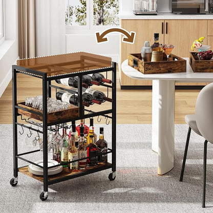 TUTOTAK Bar Cart with Wheels, Drink Cart with Wine Rack and Glass Holder | 3-Tier 24.8 Inch Wide Home Bar Serving Carts, Small Mobile Kitchen Shelf with 6 Hooks, Rustic Brown BC01BB037