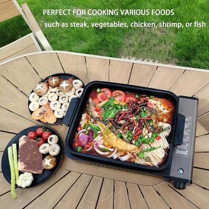 Portable Propane Gas Stove with Grill Pan and Lid | Butane Camping Stove Instant Ignition for Patio Backyard Home Cooking Camping RV Tailgating Emergency Use, GS349