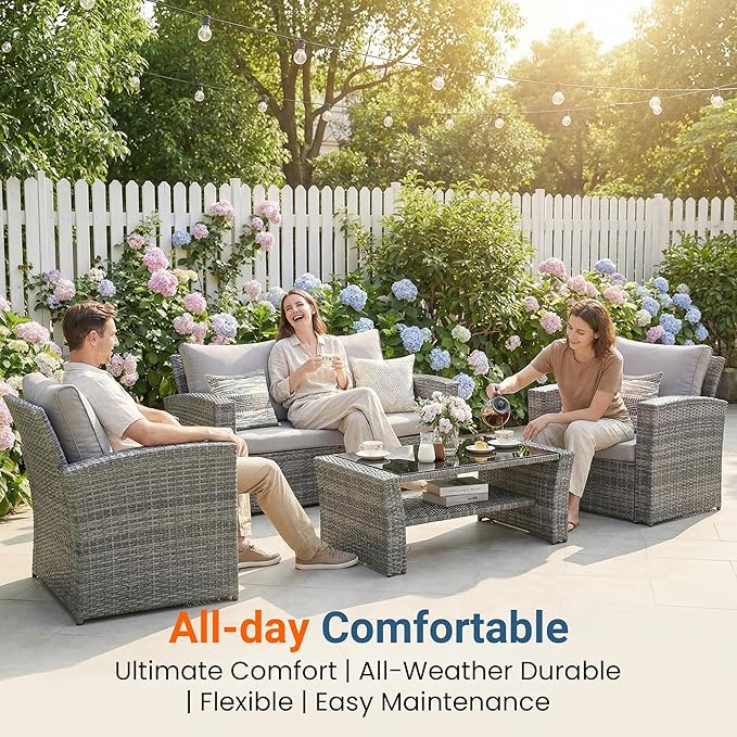 Wisteria Lane Patio Furniture Set, 5 Pieces Wicker Outdoor Furniture for All Weather, Patio Sofa with High Backrest Support and Wide Armrest for Backyard, Balcony, Deck, Porch, Ash Gray