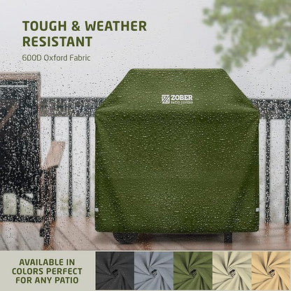 ZOBER Heavy Duty BBQ Grill Cover - 58 Inch Waterproof Double Layered Fits Weber Gas Grill Cover Charbroil Grill & Smoker - Gas Grill Covers w/Air Vents, Dual Handles - 600D Oxford Fabric, Olive