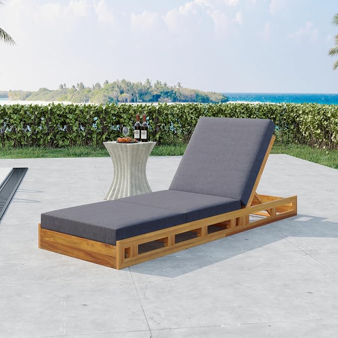 Merax Patio Chaise Lounge with Adjustable Backrest & Cushion, Acacia Wood Recliner Chair with Teak Finish for Backyard Pool Garden