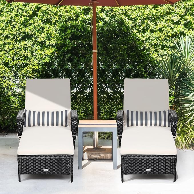 COSTWAY PE Rattan Chaise Lounge Chair, 6 Gear Adjustable Recliner with Armrest & Pillow, Wicker Outdoor Furniture for Deck, Patio (2, Black)