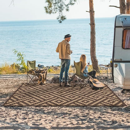 GENIMO Outdoor Rug, Waterproof Plastic Rugs for Patio, 6'x9' Coffee Brown | Outside Larger Modern Carpet Mat for Porch Decor, Deck, Balcony, Camping, RV, Backyard, Picnic, Beach, Reversible, Foldable