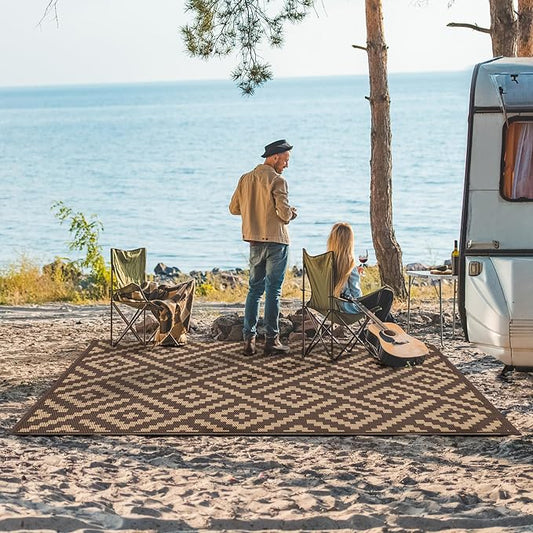GENIMO Outdoor Rug, Waterproof Plastic Rugs for Patio, 6'x9' Coffee Brown | Outside Larger Modern Carpet Mat for Porch Decor, Deck, Balcony, Camping, RV, Backyard, Picnic, Beach, Reversible, Foldable
