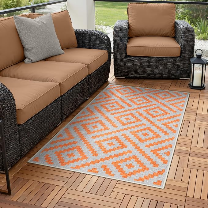 GENIMO Outdoor Rug 3'x5' Waterproof for Porch, Plastic Door Mat Orange Grey | Outside Modern Carpet Mat for Patio Decor, Porch, Deck, Balcony, Camping, RV, Picnic, Beach, Reversible, Foldable