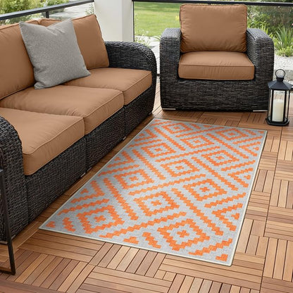 GENIMO Outdoor Rug 3'x5' Waterproof for Porch, Plastic Door Mat Orange Grey | Outside Modern Carpet Mat for Patio Decor, Porch, Deck, Balcony, Camping, RV, Picnic, Beach, Reversible, Foldable