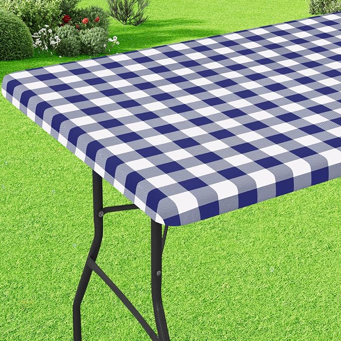 Buffalo Rectangle Picnic Tablecloth, 6 Foot Elastic Fitted Vinyl Table Cloth with Flannel Backing, Waterproof Plaid Table Covers for Dining, Camping, Outdoor (Navy and White, 30" x 72")