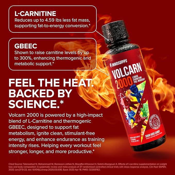 Volcarn 2000 L-Carnitine Liquid Energy, Sour Kids Candy, 32 Servings | Energy booster and ATP supplement with GBEEC; Enhances focus; Caffeine-free, no artificial sweeteners