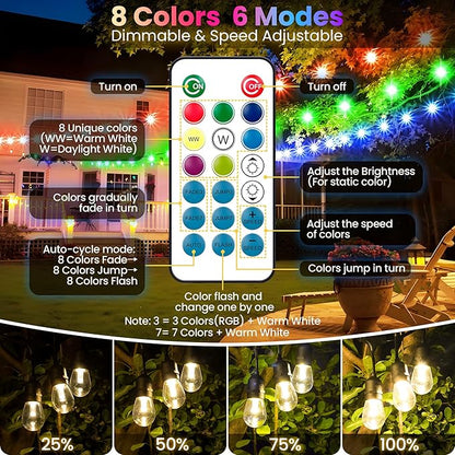 Larkvue 50FT RGB Solar Outdoor String Lights with Remote, Dimmable Waterproof Patio Lights with 15 LED Shatterproof Edison Bulbs for Backyard-Black