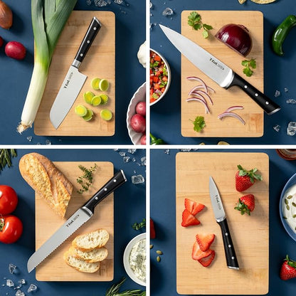 T-fal Ice Force 11-Piece German Stainless Steel Kitchen Knife Block Set | X50CrMoV15 steel, 26-degree cutting edge, Ice hardening to -250F, Ergonomic handle with finger guard, Includes steak knives