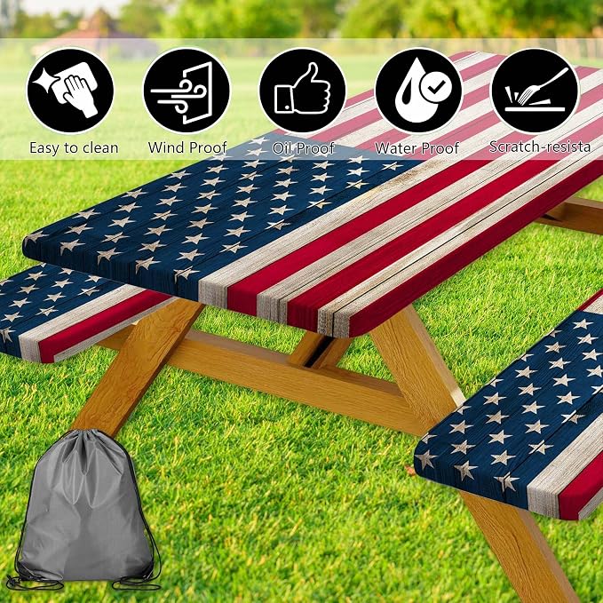 American Flag Picnic Table Cover with Bench Covers, Waterproof Windproof Oilproof, Camping Essentials, Fitted Tablecloth Cover with Elastic Edge, for Indoor & Outdoor, Garden, 3 Pieces Set, 30x96 Inch