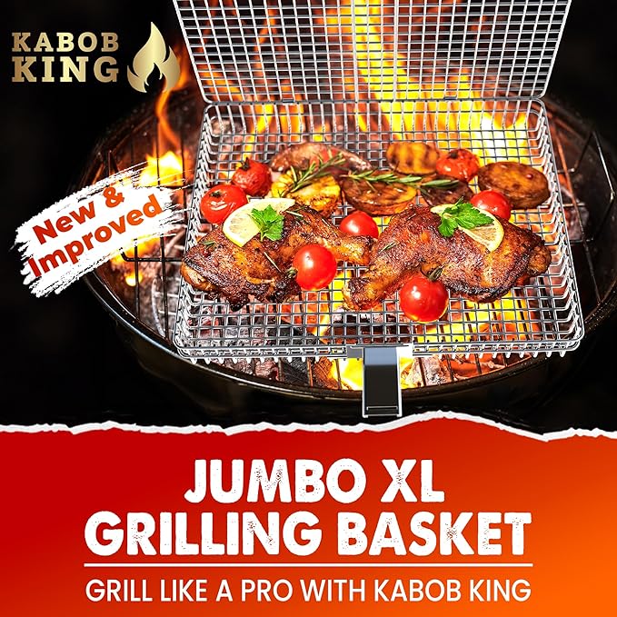 ORIGINAL Jumbo XL Grilling Basket with Detachable Handle and Easy Open/Close Locking Lid. New & Improved Stainless Steel Construction with Larger Capacity (12.5 x 9.5 x 2 inches) for Outdoor BBQ Camping Grilling by Kabob King