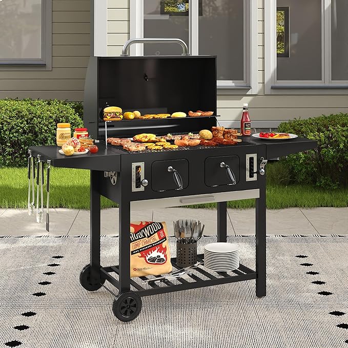 Extra Large Charcoal Grill, Outdoor BBQ Grill with Adjustable Charcoal Trays and Foldable Side Tables, Heavy-Duty Barbecue Grill Smoker for Patio, Camping, Backyard