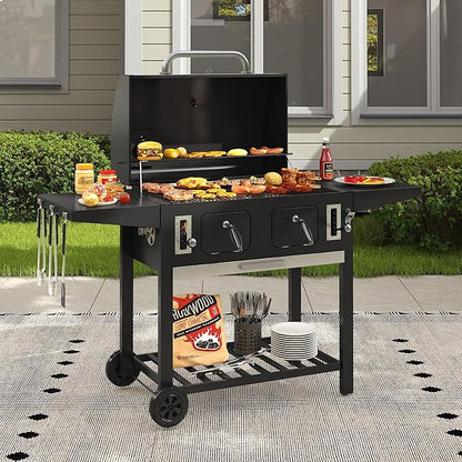 Extra Large Charcoal Grill, Outdoor BBQ Grill with Adjustable Charcoal Trays and Foldable Side Tables, Heavy-Duty Barbecue Grill Smoker for Patio, Camping, Backyard