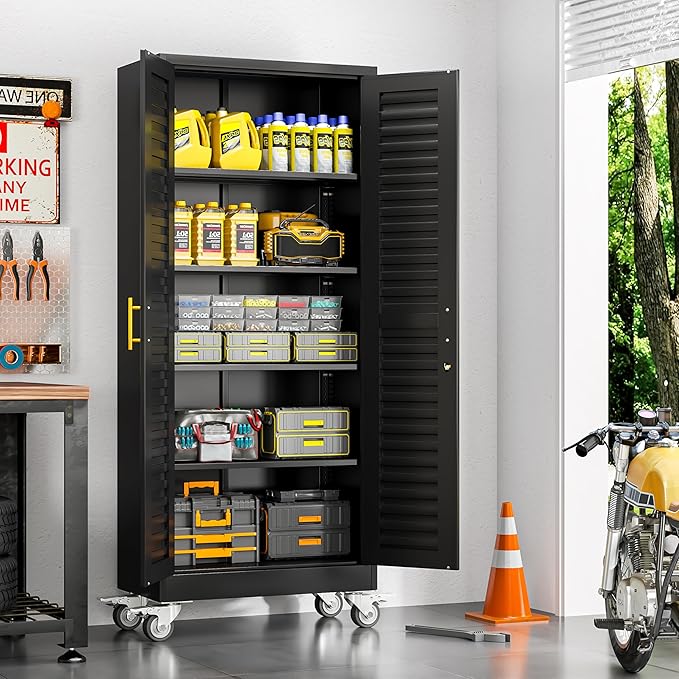 GAIOUS 71” Metal Garage Storage Cabinet with Lock and Wheels, Metal Storage Cabinet with Louvered Door and 4 Adjustable Shelves, Rolling Tool Cabinet, Utility File Cabinet for Home Office -Black