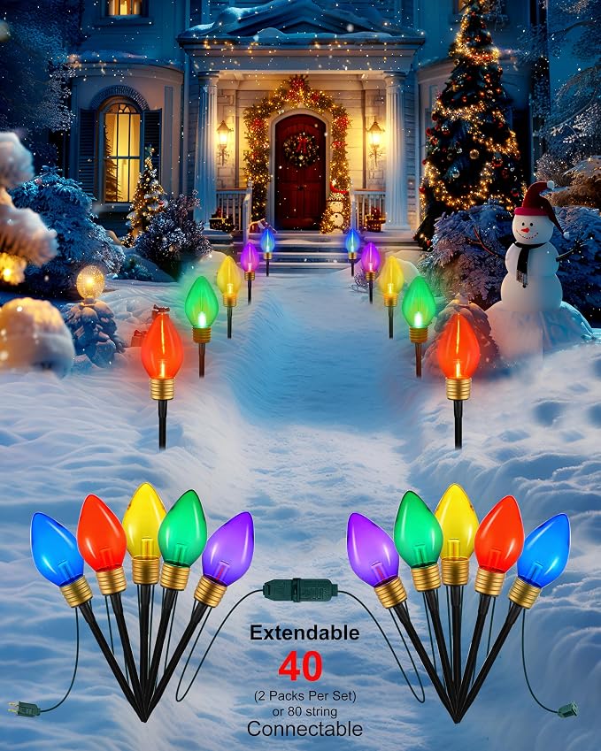 10 Lights Jumbo C9 Pathway Christmas Lights Outdoor, 11Ft 2 Pack 5 LED Giant Bulbs, Large Outdoor Christmas Decor for Holiday Lawn Yard Garden, Big Light Decorations, Multicolor