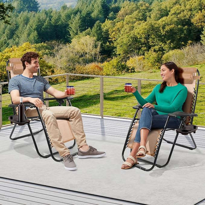 Elevon Zero Gravity Chair Set of 2 with Cup Holder & Removable Pillows, Adjustable Reclining Outdoor Patio Folding Chairs Portable Lounge Chair Furniture for Poolside, Lawn, Beach, Camping, Beige