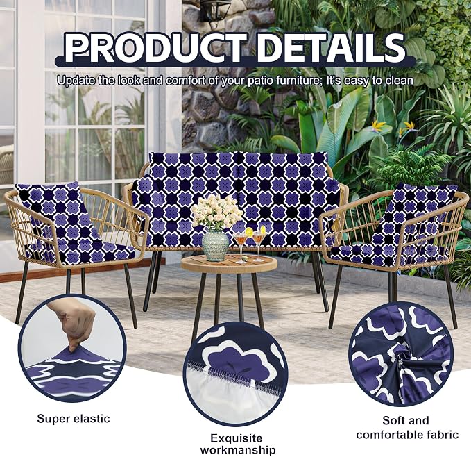 8Pcs Patio Cushion Covers, Outdoor Stretch Cushion Covers, Washable | Stretch Fit, Replacement, Washable and Reusable Furniture Protectors, Fits most patio furniture cushion covers, Cover Only