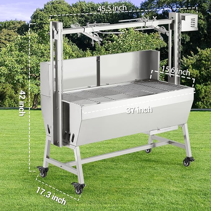GarveeTech 37in Stainless Steel Electric Rotisserie Grill - 132LB Capacity for Whole Pig & Lamb, Charcoal Spit Roaster with Wind Screen, 50W Motor & Lockable Casters, Outdoor Camping BBQ