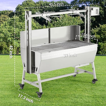 GarveeTech 37in Stainless Steel Electric Rotisserie Grill - 132LB Capacity for Whole Pig & Lamb, Charcoal Spit Roaster with Wind Screen, 50W Motor & Lockable Casters, Outdoor Camping BBQ