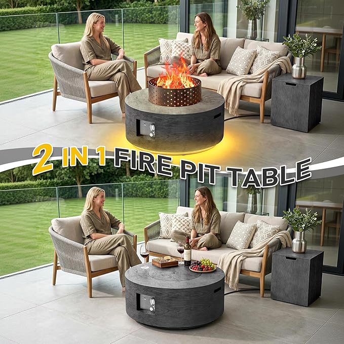 2-Piece Outdoor Propane Fire Pit Table Set w Tank Table 30'' Round Fire Pit Table w Wood Grain Firepit Table for Outside Gas Fire Pit w 304 Stainless Steel Burner 50,000 BTU, Dark Gray w Warm LED
