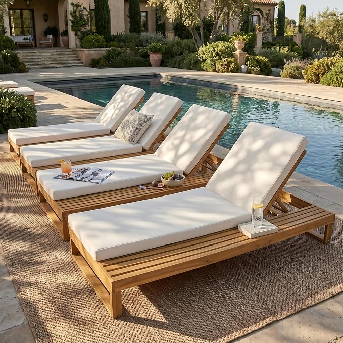 Merax 4-Piece Teak Finish Acacia Wood Chaise Lounge with 4-Inch Cream 2-Fold Cushion Set, 4-Position Adjustable Outdoor Patio Lounger with Flat Side Surface, for Poolside