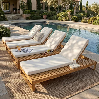 Merax 4-Piece Teak Finish Acacia Wood Chaise Lounge with 4-Inch Cream 2-Fold Cushion Set, 4-Position Adjustable Outdoor Patio Lounger with Flat Side Surface, for Poolside