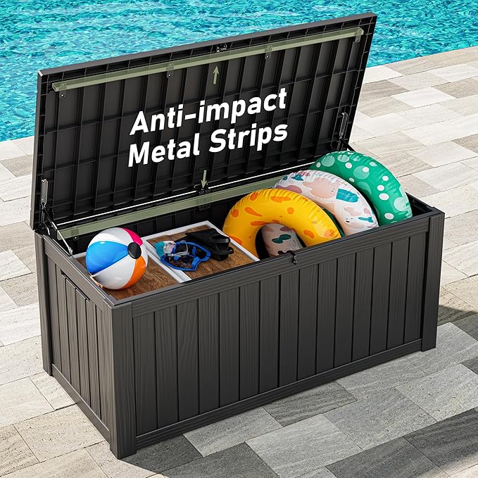 150 Gallon Outdoor Storage Box, Resin Deck Boxes Outdoor Waterproof For Patio Furniture, Garden Tools, Pool Supplies, Lockable And UV Resistant (Striped Black)
