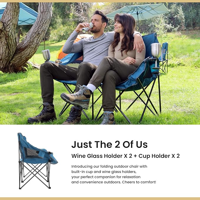 ARROWHEAD OUTDOOR Portable Folding Double Duo Camping Chair Loveseat | 2 Cup and Wine Glass Holder, Heavy-Duty Carrying Bag, Padded Seats and Armrests, Supports up to 650lbs, Beach, Tailgating