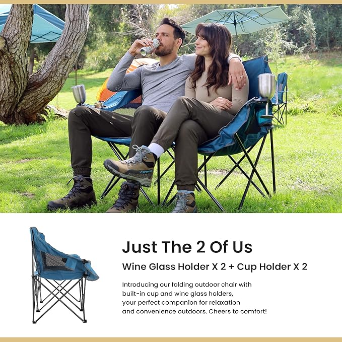 ARROWHEAD OUTDOOR Portable Folding Double Duo Camping Chair Loveseat | 2 Cup & Wine Glass Holder, Heavy-Duty Carrying Bag, Padded Seats & Armrests, Supports up to 500lbs, Beach, Tailgating, Patio