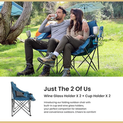 ARROWHEAD OUTDOOR Portable Folding Double Duo Camping Chair Loveseat | 2 Cup & Wine Glass Holder, Heavy-Duty Carrying Bag, Padded Seats & Armrests, Supports up to 500lbs, Beach, Tailgating, Patio