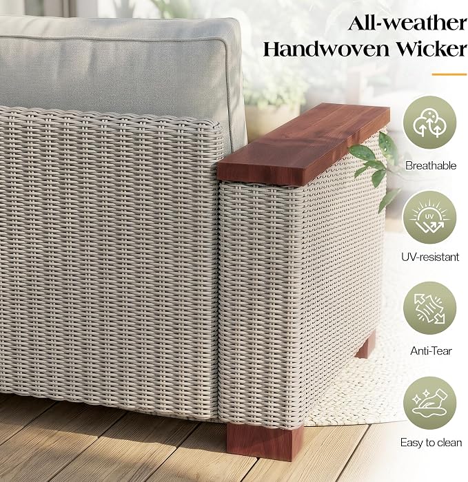 PaPaJet Outdoor Loveseat Patio Sofa, Wicker Couch with Solid Armrests & Legs, 4.7" Thick Cushion, UV-Resistant Modular Sofa for Porch, Backyard, Garden