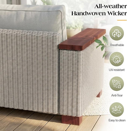 PaPaJet 7-Piece Wicker Patio Furniture Set with Solid Wood Armrest, Outdoor Patio Set with Thick Legs, UV-Resistant Modular Outdoor Sectional Sofa for Backyard, Porch, Garden
