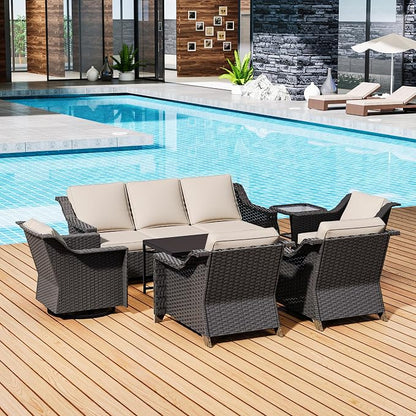 7 Piece Patio Furniture Set, Wicker Outdoor Conversation Set | Patio Chair Set with Olefin Removable Cushion, All-Weather Outdoor Couch with Deep Seat for Porch, Deck and Backyard, Beige