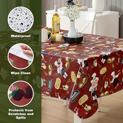 Newbridge 52 x 52 Inch Rectangle Vinyl Tablecloth with Flannel Backing, Italian Red Bistro Chef, Novelty Chef Indoor Outdoor Waterproof Table Cover for Picnic, Barbecue, Patio and Kitchen Dining