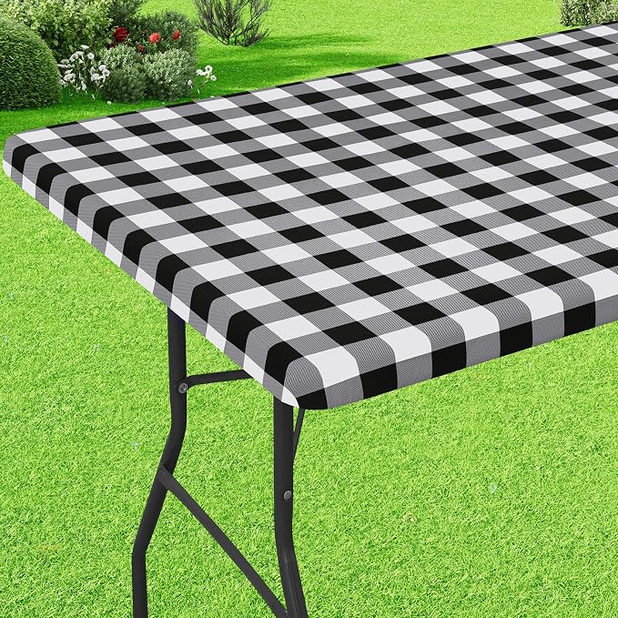 Buffalo Rectangle Picnic Tablecloth, 4 Foot Elastic Fitted Vinyl Table Cloth with Flannel Backing, Waterproof Plaid Table Covers for Dining, Camping, Outdoor (Black and White, 24" x 48")