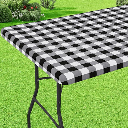 Buffalo Rectangle Picnic Tablecloth, 4 Foot Elastic Fitted Vinyl Table Cloth with Flannel Backing, Waterproof Plaid Table Covers for Dining, Camping, Outdoor (Black and White, 24" x 48")