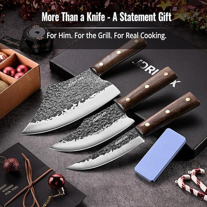 3PCS Butcher Knife Set, Hand Forged Meat Cleaver & Boning Knife Set with Full Tang Handle, High Carbon Steel BBQ Knife Set for Meat Cutting, Camping, Outdoor Cooking & Gifts for Men